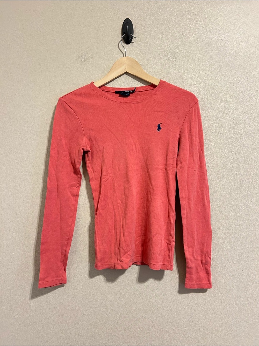 Ralph Lauren Sport size small long sleeve pink/coral shirt navy blue polo logo